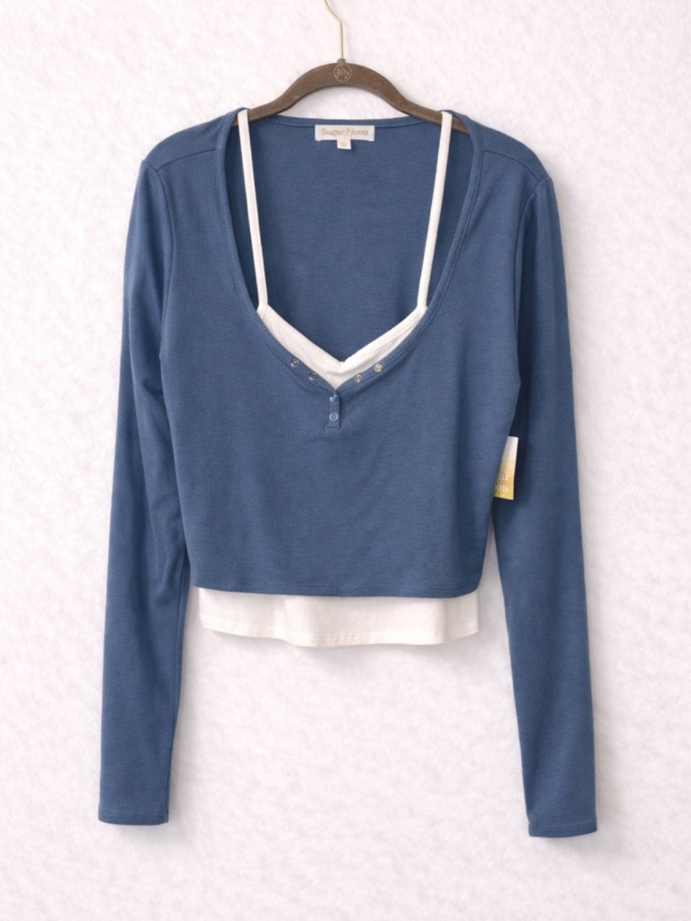 Sugar Moon Layered Long Sleeve Top Blue White Crop Henley Style NWT XL